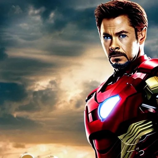 Image similar to promotional image of Chris Hemsworth as Iron Man in Iron Man（2008）, he wears Iron Man armor without his face, movie still frame, promotional image, imax 70 mm footage