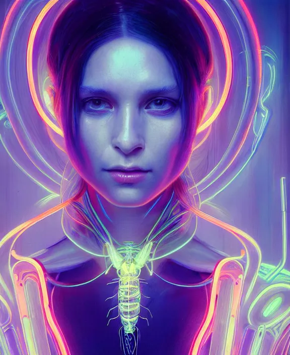 Image similar to intricate neon light portrait of a disturbing beautiful alien insect creature, mottling coloring, adorable, childlike, medical equipment hospital environment, ultra realistic, concept art, art nouveau, photorealistic, octane render, 8 k, unreal engine. art by christopher marley and artgerm and greg rutkowski and alphonse mucha