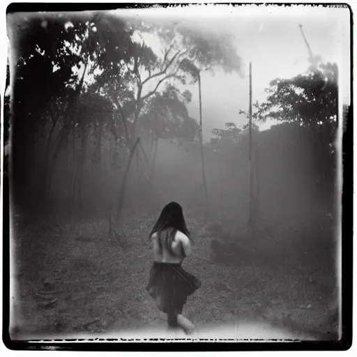 Image similar to an ancient demon-girl devouring a soul on an abandoned mad house, Colombian jungle, mist, 1910 polaroid photography, grainy film, resident evil, Black and white