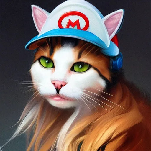 Prompt: Portrait of a Cat wearing a Mario hat, kawaii aesthetic, nintendo, highly detailed, digital painting, artstation, concept art, smooth, sharp focus, illustration, art by artgerm and greg rutkowski and alphonse mucha
