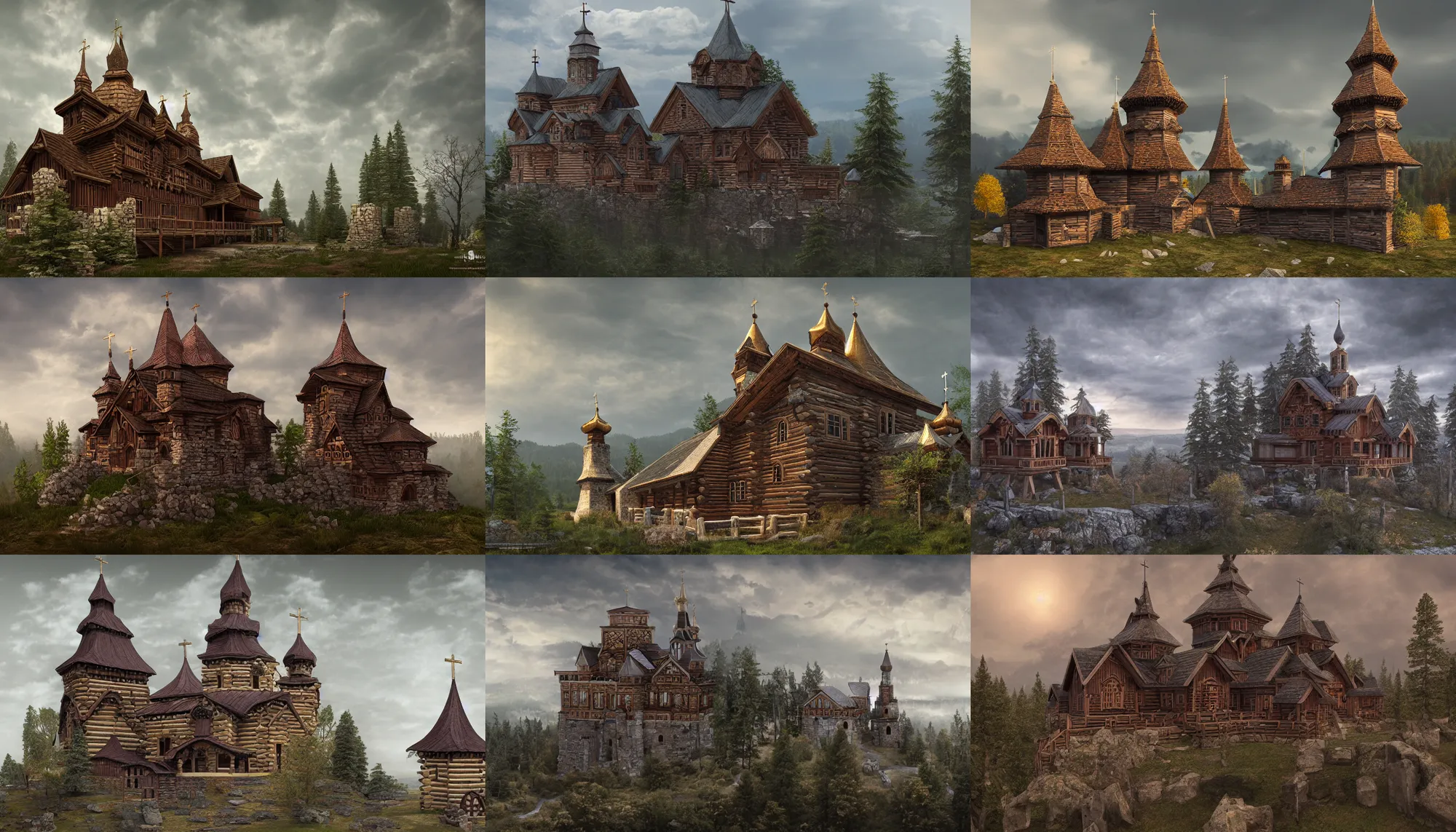 Image similar to tall castle enclosed palisaded, with christian wooden churches and domes on them, log houses built on hills, slavic, russian, slovenian, tartarian architecture, gray skies, hyper - detailed, artstation, cgsociety, 8 k