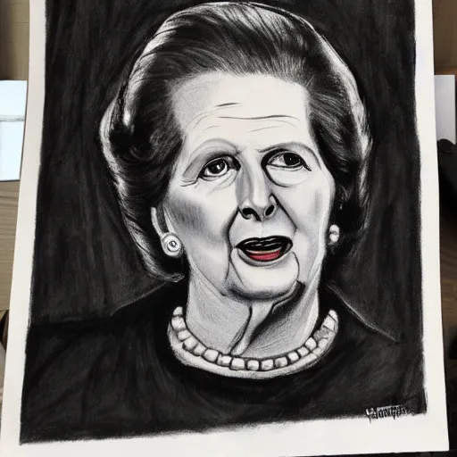 Prompt: Margaret Thatcher, charcoal, caricature