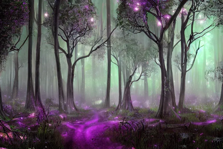 Prompt: ancient magical dark forest, tall purple and pink trees, moonlit, winding path lined with bioluminescent mushrooms, neonlike fireflies, pale blue fog, mysterious, eyes in the trees, cinematic lighting, photorealism