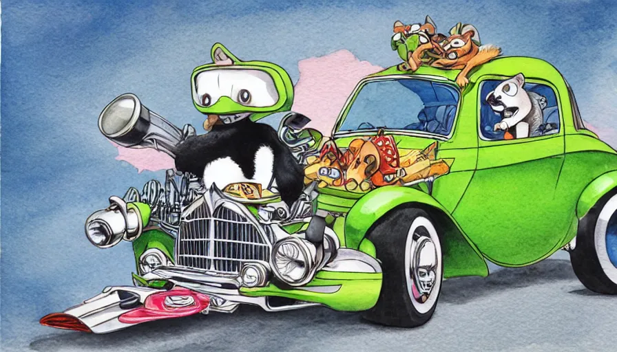 Prompt: funny, racoon riding in a tiny hot rod coupe with oversized engine, ratfink style by ed roth, centered award winning watercolor pen illustration, by chihiro iwasaki, edited by range murata