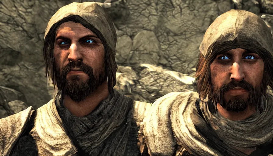 Image similar to skyrim character screenshot of forsen dressed as a beggar, twitch streamer, enb, 4 k, bokeh, beautiful, detailed