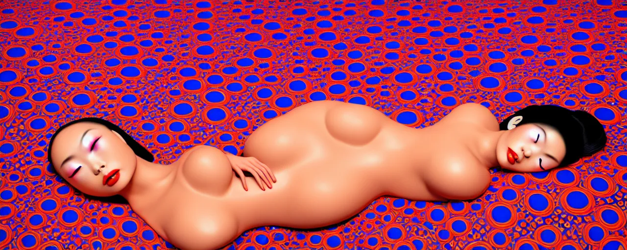 Image similar to realistic detailed image of a geisha laying down in a padded room, conjuring psychedelic background, part by yayoi kusama, part by alex gray, part by ross tran, part by james jean, ultra realistic, highly detailed, life like face, detailed body, 8 k, octane render, trending on artstation, very cohesive, masterpiece