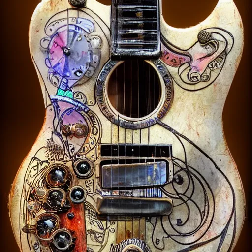 Prompt: photo of an eccentric steampunk electric guitar with ornaments, ultra realistic, mucha, art deco, art nouveau, neo goth, goth, cyberpunk