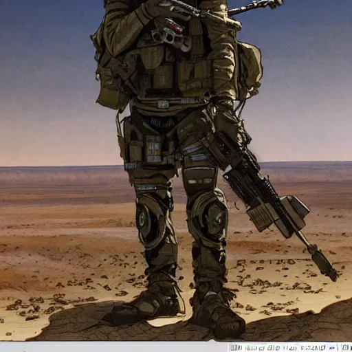 Image similar to Maria. USN special forces recon operator in near future gear, cybernetic enhancement, on patrol in the Australian neutral zone, Barren landscape. 2087. Concept art by James Gurney and Alphonso Mucha