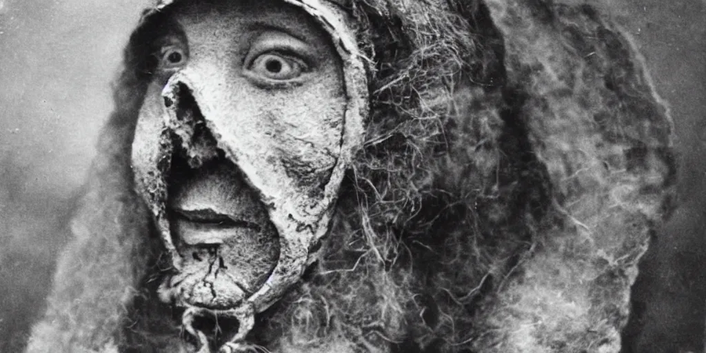 Image similar to hermit wearing a scary mask to scare off people, 1900s picture