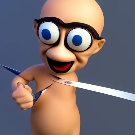 Image similar to a close up of a cartoon character holding a pair of scissors, a raytraced image by cedric seaut ( keos masons ), cgsociety contest winner, generative art, rendered in cinema 4 d, rendered in maya, polycount