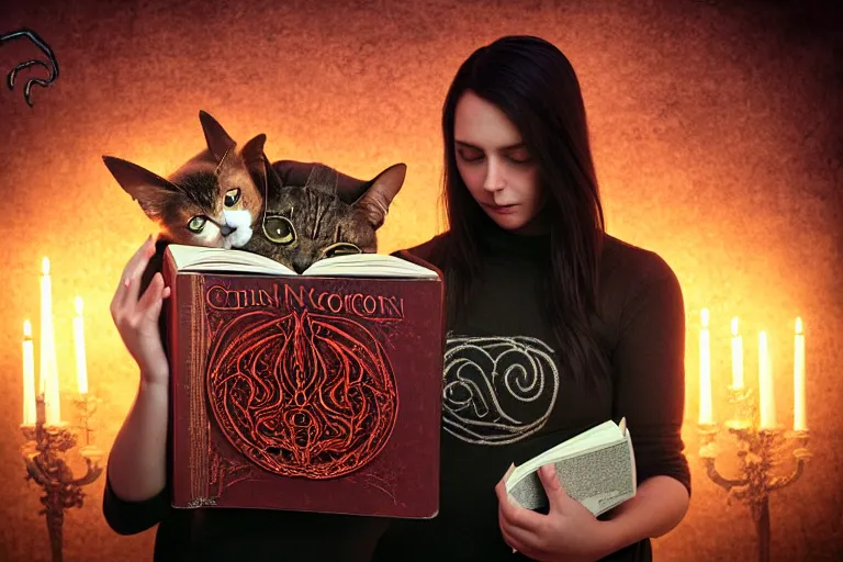 Image similar to romantic photo of bright girl, her cat and her book of necronomicon, symmetrical, cinematic, real dlsr photography, sharp focus, 4 k, ultra hd, sense of awe, sinister demonic atmosphere, dreadful, forbidden knowledge, old gods, cthulhu, yog - sothoth! yah, yah, yah! cultist journal cover