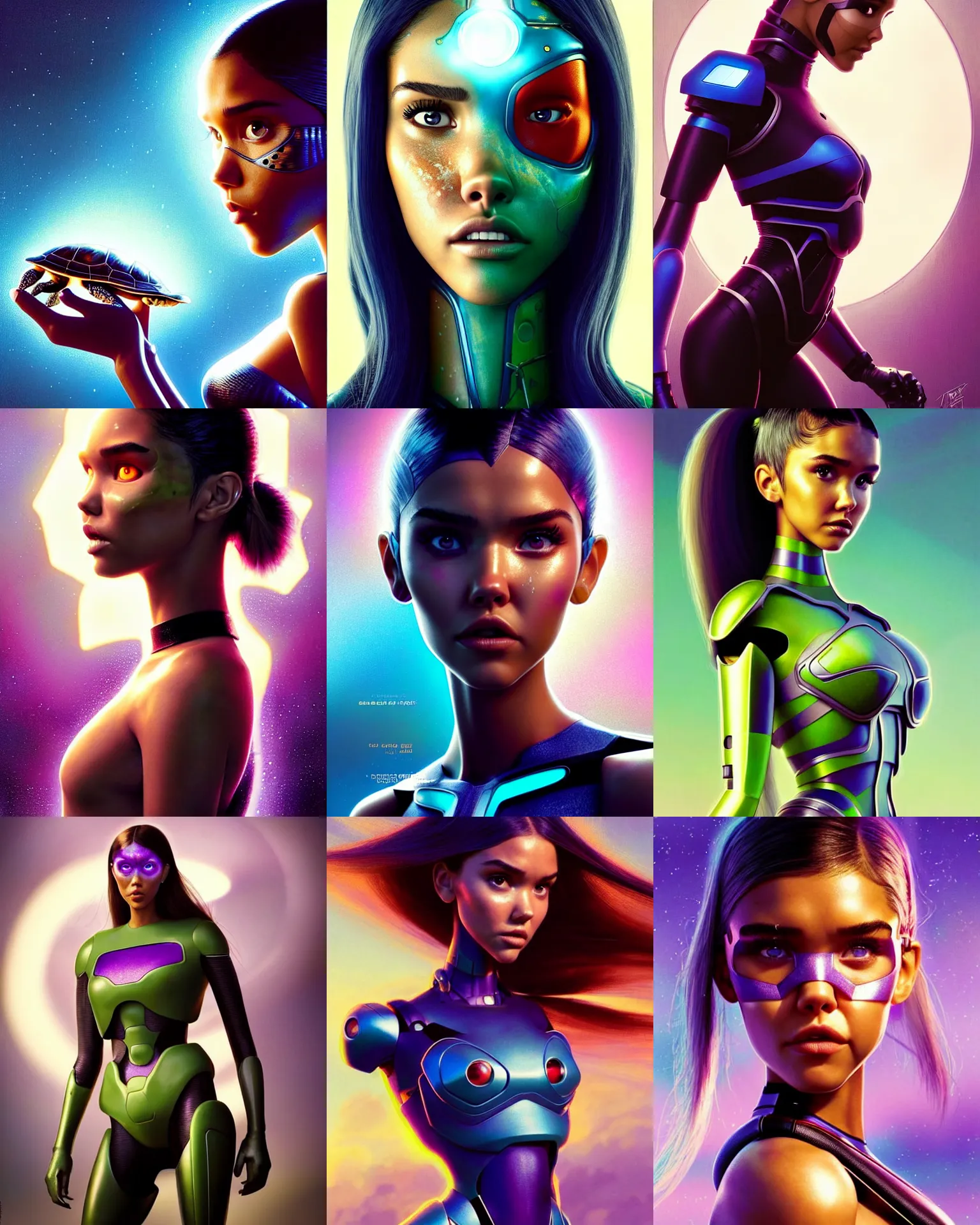 Prompt: pixar sci - fi movie still portrait photo of madison beer, jessica alba : : as hero turtle woman cyborg by pixar : : by greg rutkowski, wlop, rossdraws, artgerm, weta, marvel, raver, elaborate patterned makeup, unreal engine, wet skin, pearlescent, wet, bright morning, anime girl, vogue magazine cover, : :