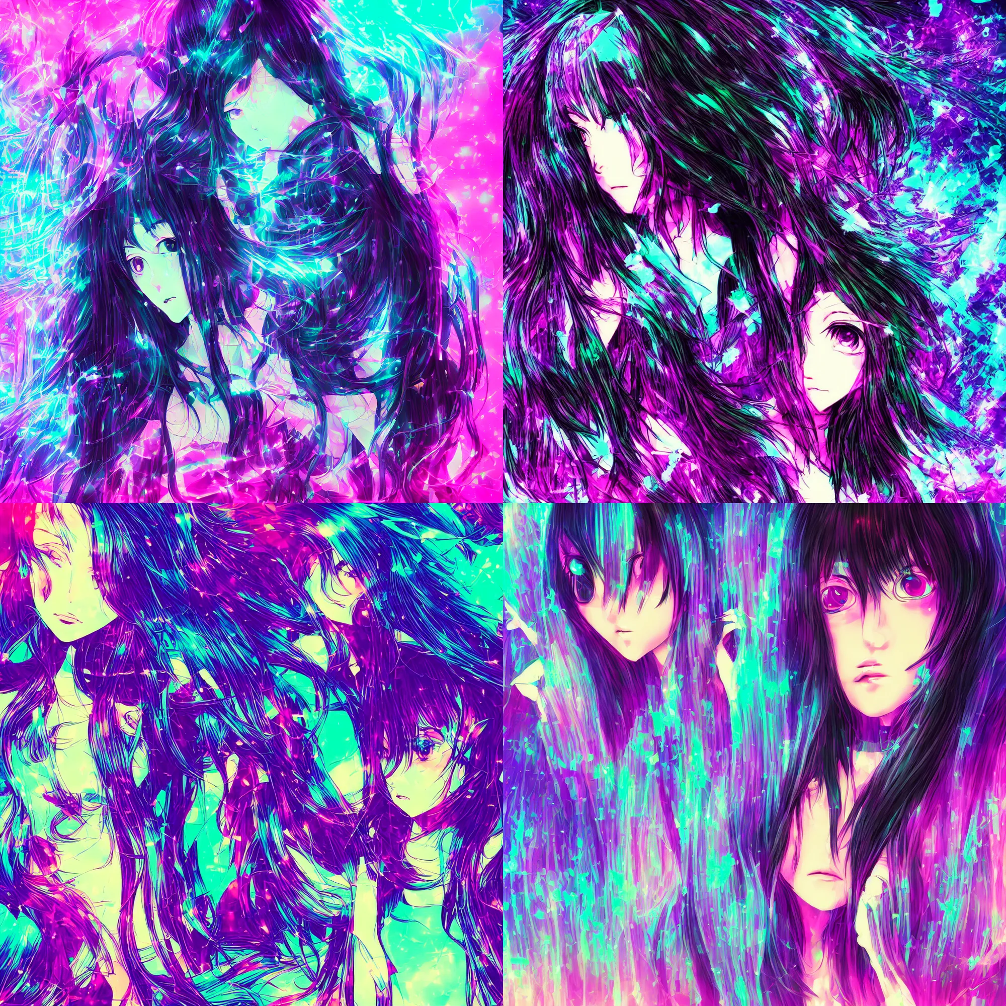 Prompt: incoherent depressive glitch art of anime girl with long black hair, chromatic aberration, shifted hues, high contrast, pixel displacement, digital art, photoshop