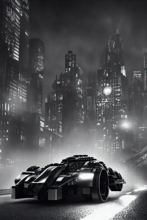 Image similar to the lego batmobile driving through gotham city at night. fluorescent light. pov from behind the wheel. octane render. 8 k. monochrome. black and white. mist. atmospheric. cinematic. hdr, raytracing, global illumination. a matte painting by ash thorp.