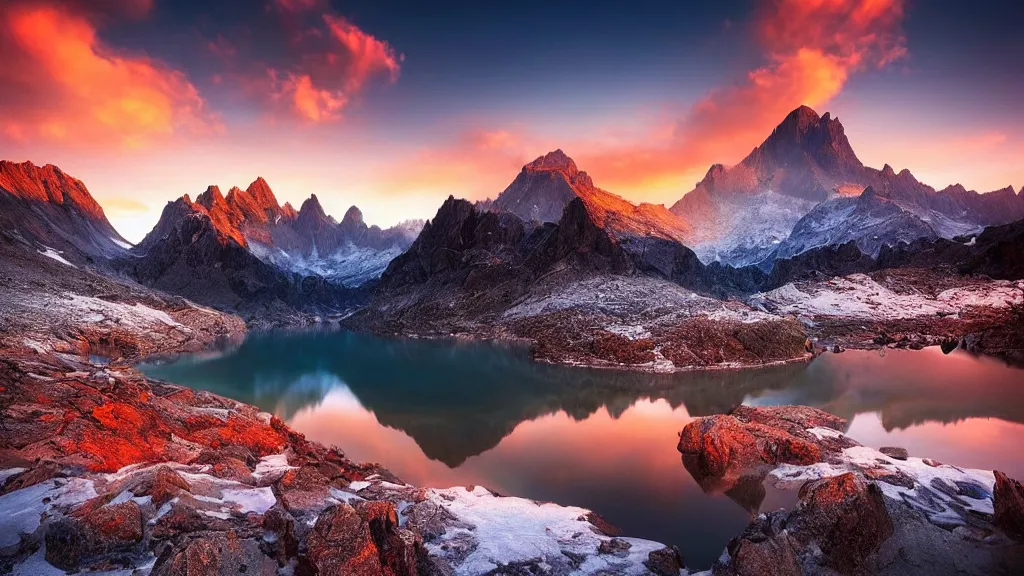 Image similar to amazing landscape photo of mountains with lake in sunset by marc adamus, beautiful dramatic lighting