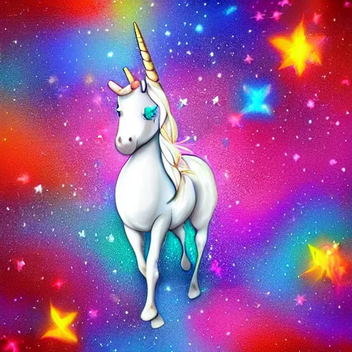 Image similar to a unicorn with fairy wings walking on the moon, colorful digital art