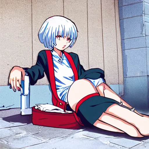 Prompt: homeless rei ayanami sitting on the floor in dark back alley