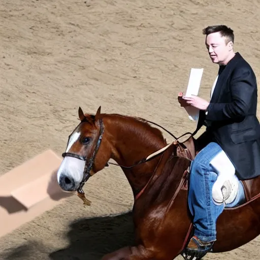 Image similar to elon musk riding a horse while reading a book, hd photograph