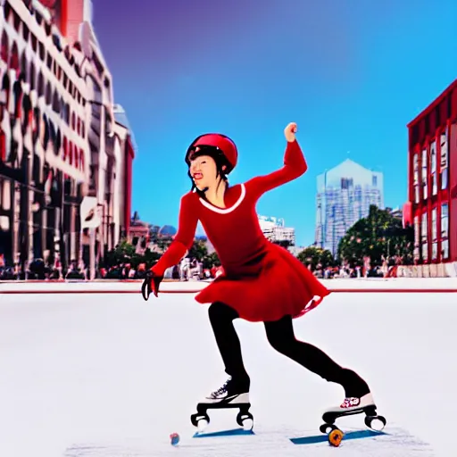 Image similar to photorealistic picture of woman skating on a red skate with very small wheels, woman wearing red dress, background is urban city with lots of trafic, sky is blue and sunny