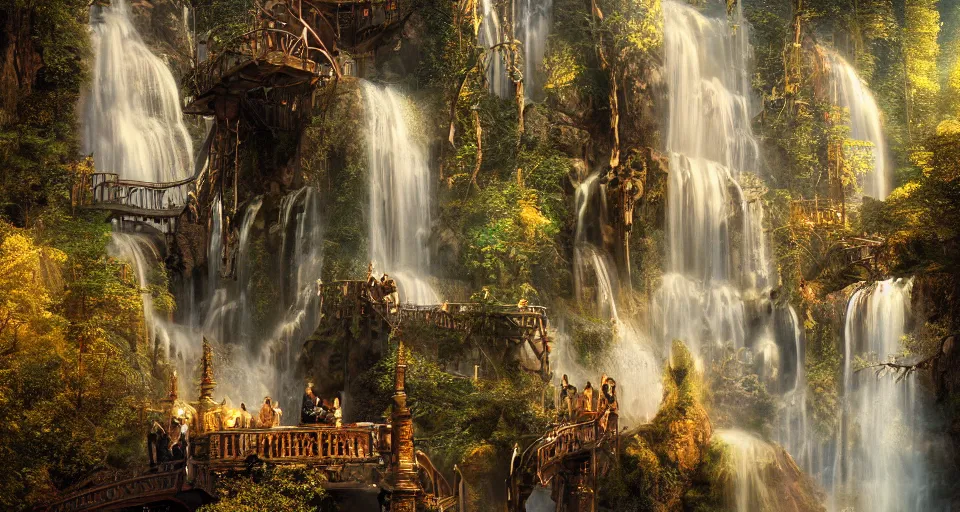 Image similar to rivendell steampunk, waterfalls from clif, dappled golden lighting, cinematic, photographic, realistic, highly detailed, matte painting