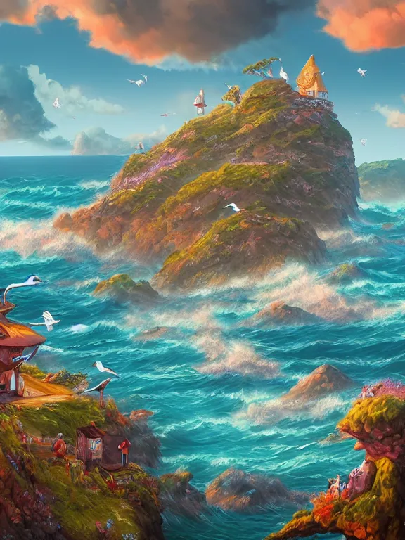 Prompt: A beautiful ultra detailed matte painting of a seascape gulls vivid colors, by Cyril Rolando, David Wiesner, unreal engine, trending on artstation