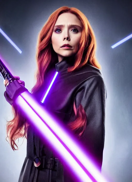 Image similar to elizabeth olsen portraying a beautiful mara jade from star wars legends, in a black suit holding a purple lightsaber, movie, hyper realistic, hollywood promotional image, imax, 8 k