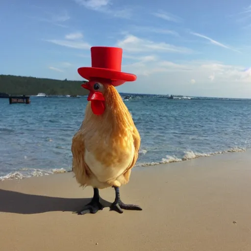 Prompt: a chicken wearing a tophat on the beach