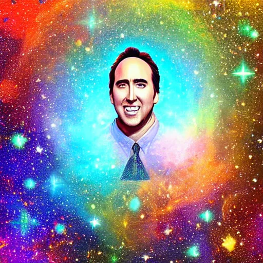 Image similar to nicholas cage very happy expression, cosmic starfield background digital art