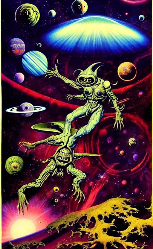 Image similar to trippy psychedelic aliens in space above a planet with a forest by frank frazetta