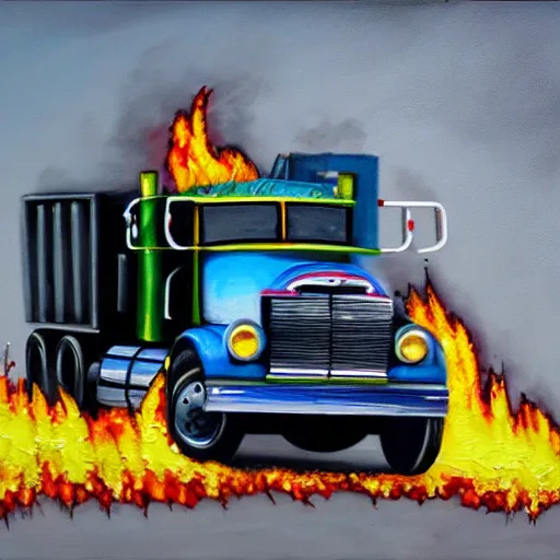 Image similar to painting of a flaming truck