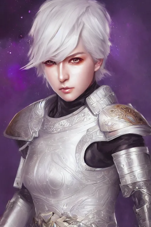 Image similar to A realistic anime portrait of a short white haired female rogue wearing an intricate medium armor, middle eastern, purple eyes, digital painting, by Stanley Artgerm Lau, Sakimichan, WLOP and Rossdraws, digtial painting, trending on ArtStation, SFW version