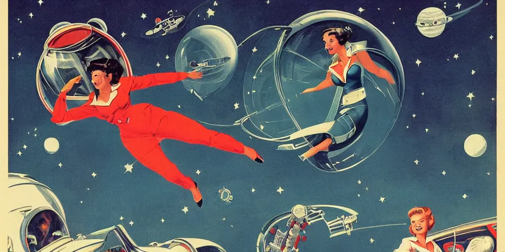 Image similar to Retro Sci-Fi. Women in the space suit riding a retro rocket in space. 1950s illustration. Sci-Fi. Pinup. Women in the space suit riding a retro rocket in space. Norman Rockwell