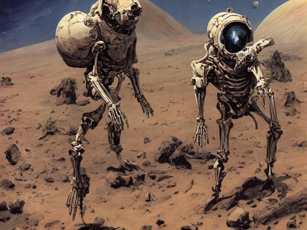 Image similar to a skeleton in spacesuit and broken helmet, Mars landscape in the background, by Frank Frazetta