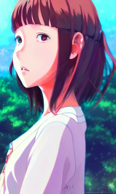 Prompt: a colorful anime scene of a girl with brown hair, detailed background, portrait, trending on artstation, by studio ghibli and rossdraws
