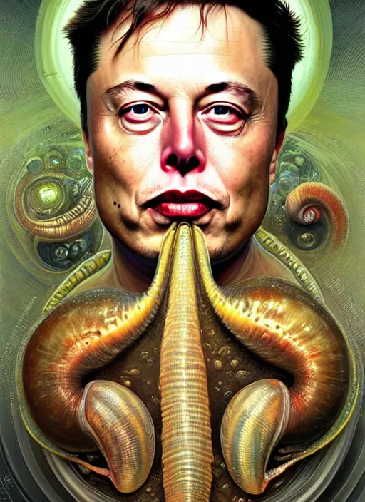 Image similar to elon musk as mollusk, slime, drool, portrait, intricate, elegant, highly detailed, digital painting, artstation, concept art, wallpaper, smooth, sharp focus, illustration, art by h. r. giger and artgerm and greg rutkowski and alphonse mucha