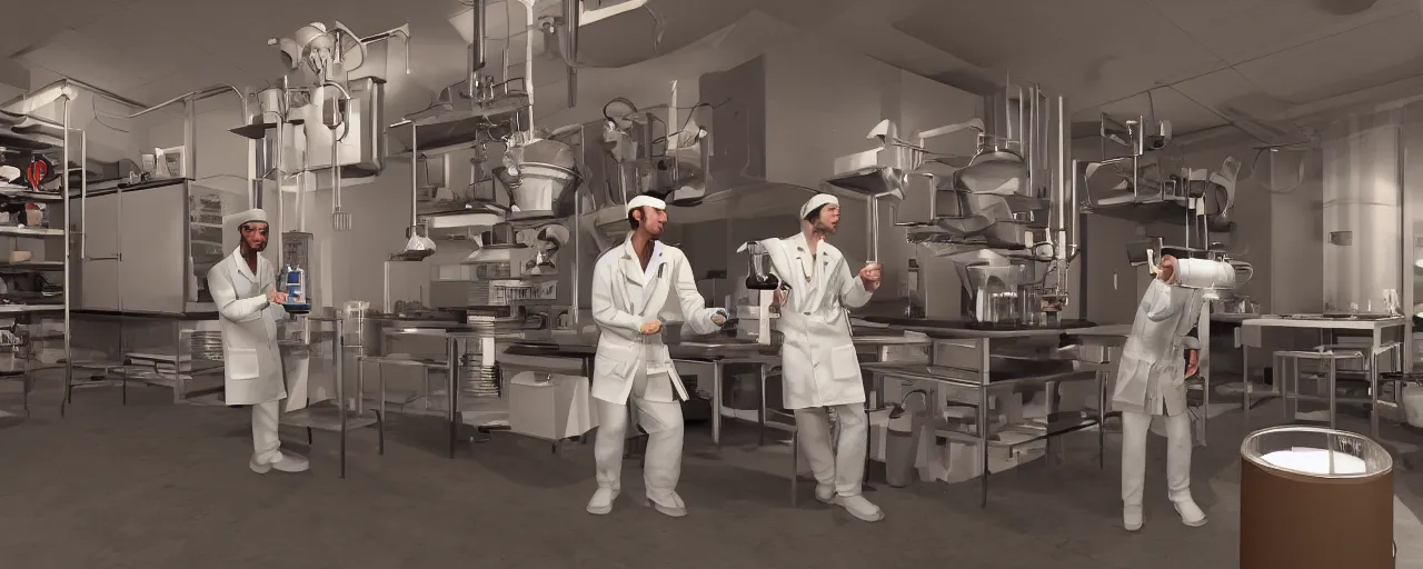 Prompt: a hyper complex drip coffee maker in the 1 9 7 0 s era kitchen, a coffee scientist dressed in a lab coat taste testing the coffee hownosm and james jean, ultimate collab, epic, unreal engine 5, coming to life popping out of the wall 3 d, h 6 4 0