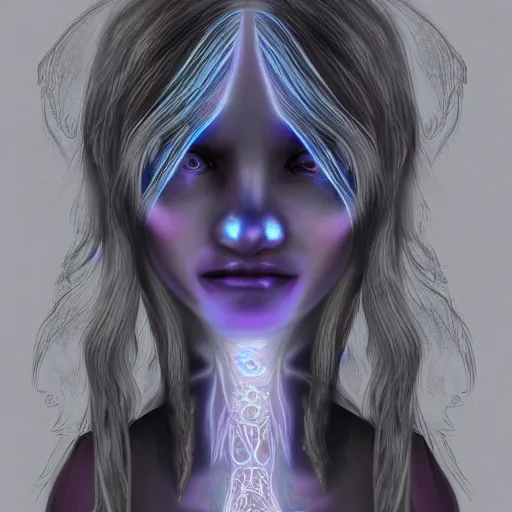 Prompt: fariy humanoid that is semi - transparent, with mother of pearl colored bones. bioluminescent, long white hair. fantasy digital art