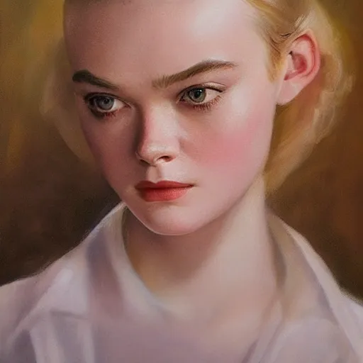 Prompt: ultra realistic head and shoulders portrait painting of elle fanning in prey, art by frank frazetta, 4 k, ultra realistic, highly detailed, epic lighting