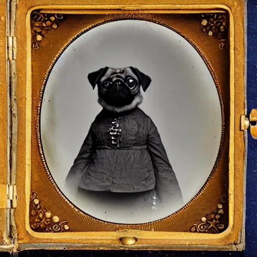 Image similar to daguerreotype portrait of a pug wearing a victorian dress