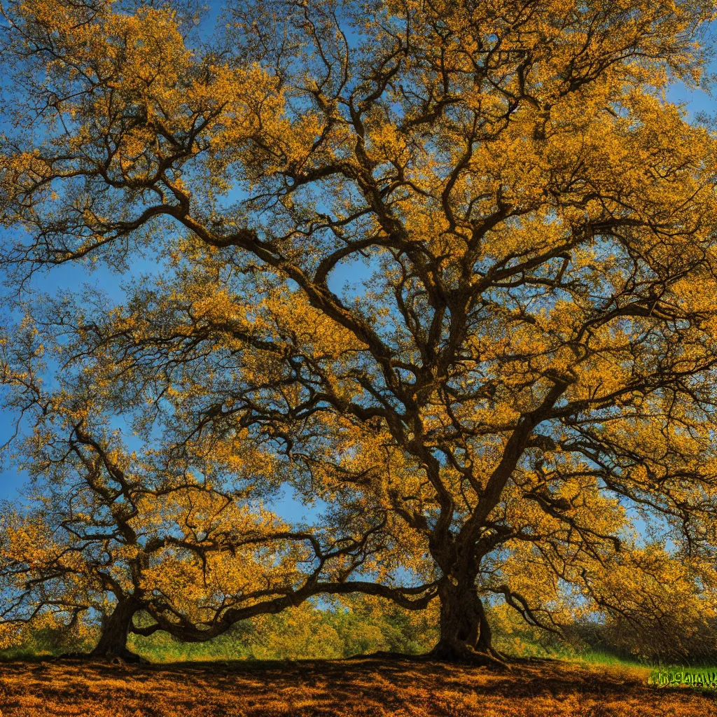 Prompt: single lonely old oak with foliage in winter, spring, summer and autumn colors, the tree is growing on a hillock, cinematic lighting, photo realistic image, 4K, super detailed