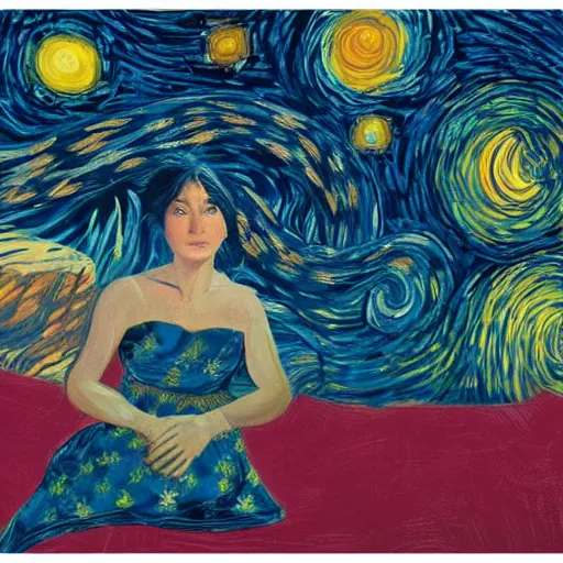 Prompt: A beautiful print of a woman with long flowing hair, wild animals, and a dark, starry night sky. pearlescent by Elaine de Kooning CGI