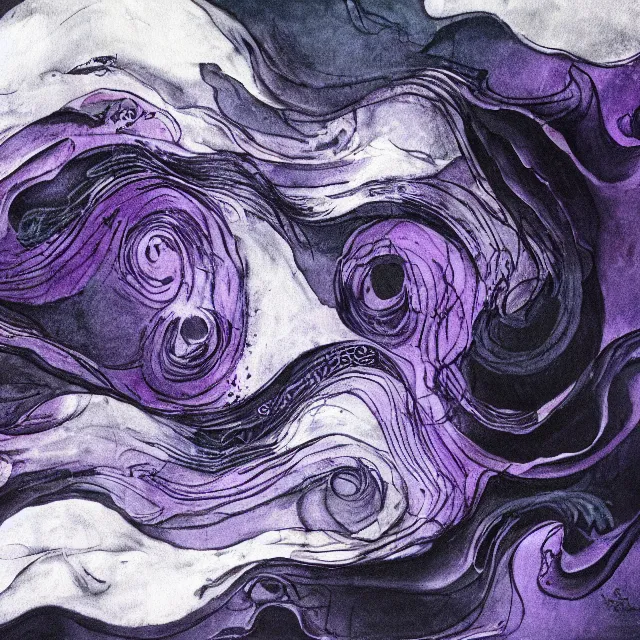 Prompt: dark purple, a female art student falling asleep, misty, iceberg, black paint, dark, sensual, dreamy, waves, swirls, blue drips, fish, blueberries, octopus, neo - impressionist, surrealism