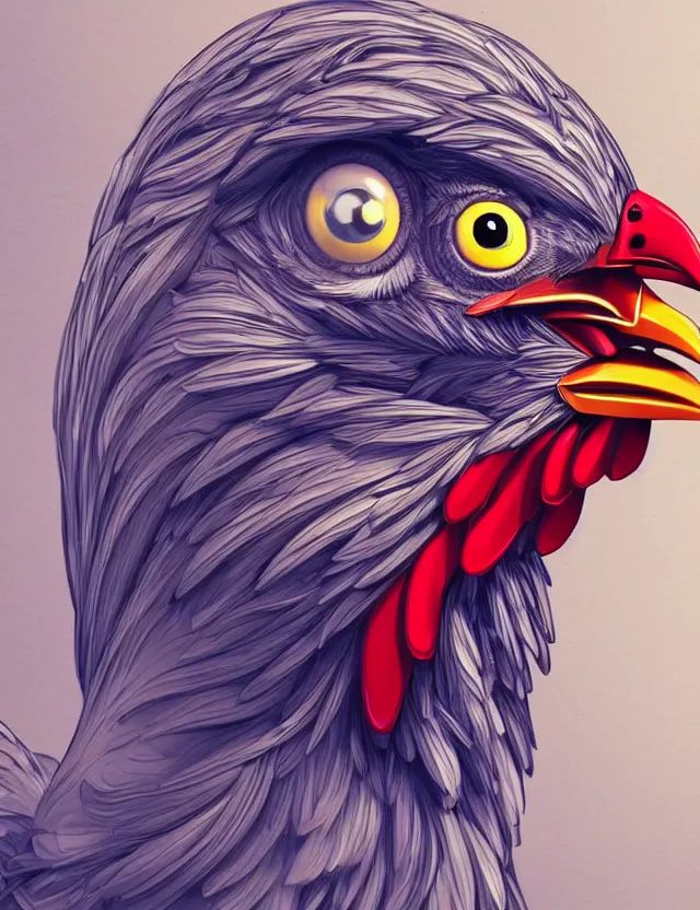 Prompt: a beautiful illustration of a mechanical chicken, trending on artstation, digital art, 4 k resolution, detailed, high quality, sharp focus, hq artwork, coherent, insane detail, character portrait