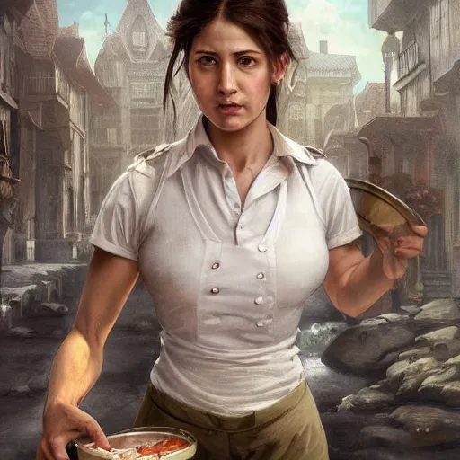 Image similar to epic portrait an muscular waitress wearing short sleeved uniform and carrying food, digital painting, artstation, concept art, soft light, hdri, smooth, sharp focus, illustration, fantasy, intricate, elegant, highly detailed, D&D, matte painting, in the style of Greg Rutkowski and Alphonse Mucha and artemisia, 8k, highly detailed, jurgens, rutkowski, bouguereau, pastoral, rustic, georgic, detailed concept art, illustration, colorful pastel, painting, detail, ultra detailed, digital art, 4K,