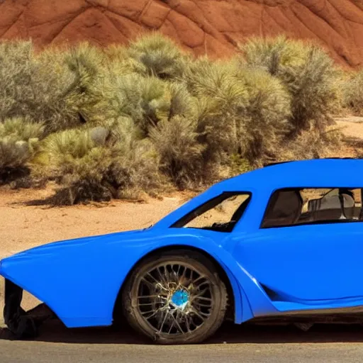 Image similar to a blue gummy bear sizzles and is half melted because it\'s on the hood of a futuristic high tech sports car in the bright hot desert sun.