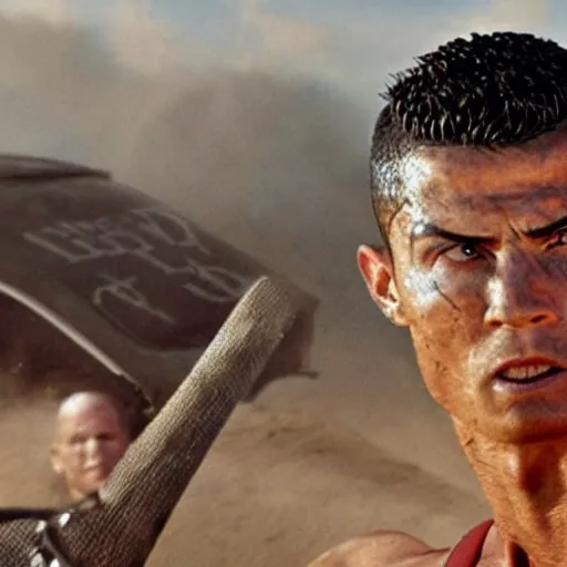 Image similar to cristiano ronaldo as the doof warrior in mad max fury road ( 2 0 1 5 ), movie still,