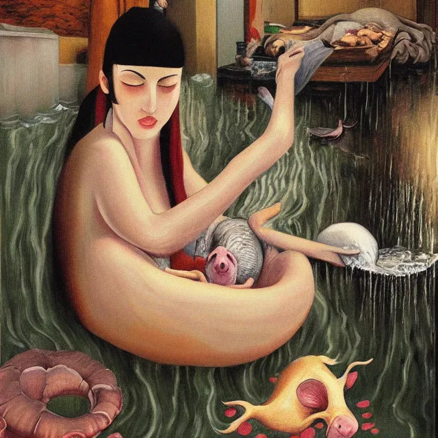 Image similar to tall female emo artist holding a pig in her flooded apartment, mushrooms, octopus, water gushing from ceiling, painting of flood waters inside an artist's apartment, a river flooding indoors, pomegranates, pigs, ikebana, zen, river, rapids, waterfall, black swans, canoe, berries, acrylic on canvas, surrealist, by magritte and monet