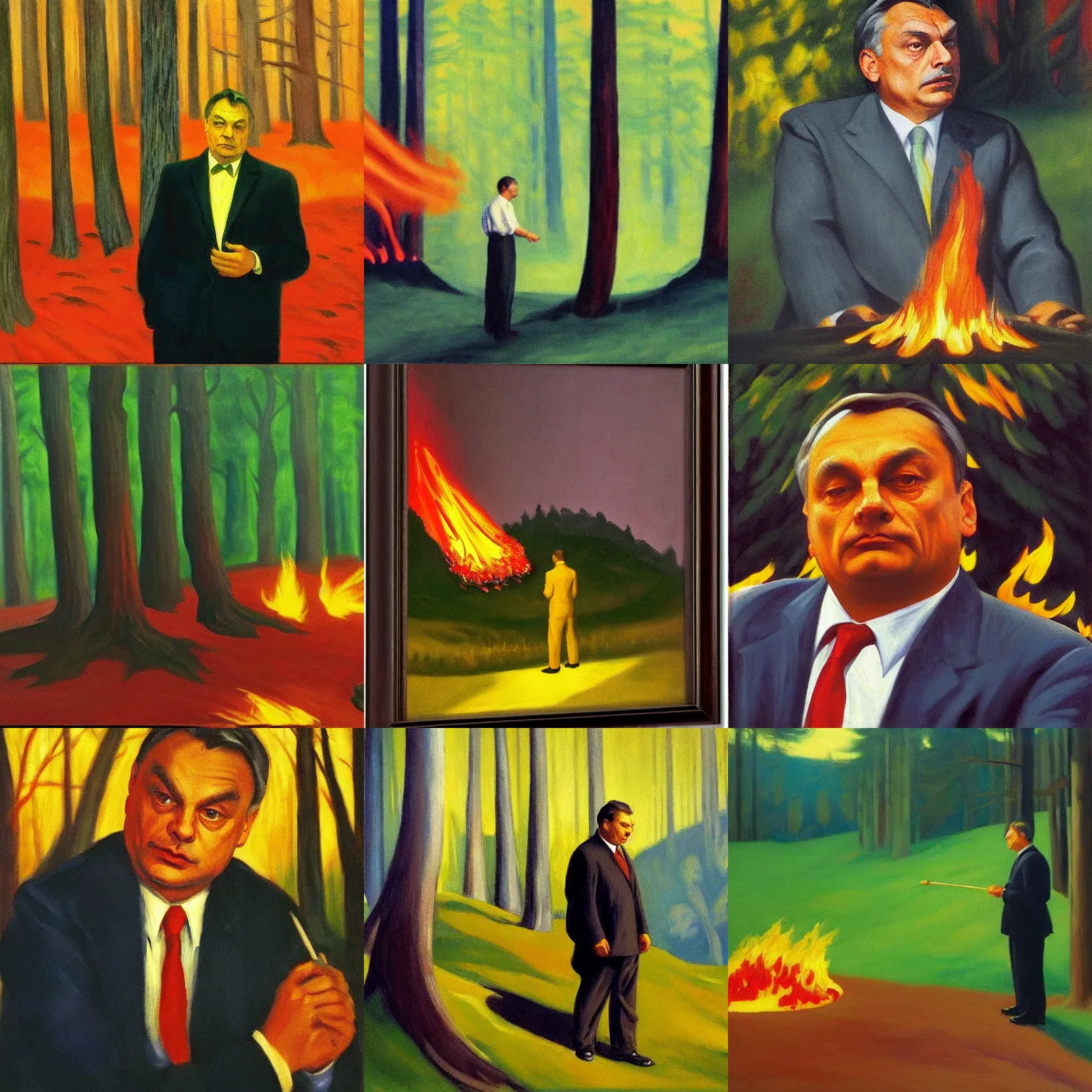 Prompt: viktor orban setting a forest on fire, highly detailed face, by edward hopper