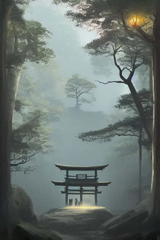 Image similar to Japanese Torii in a moutain with trees ,morning , by Grzegorz Rutkowski, concept art