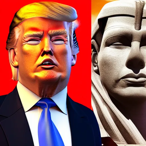 Image similar to Donald Trump with sphinx body, realistic artstyle, wide shot, dramatic lighting, octane render, hyperrealistic, high quality, highly detailed, HD, beautiful, cinematic, 8k, unreal engine, facial accuracy, symmetrical